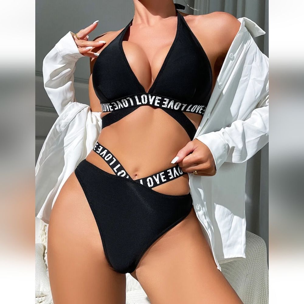 Sexy Women's 2 Piece Love Letter Print Ribbed Knit Lingerie Set Bra and Panty US
